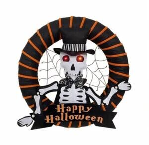 Haunted Living 17" Lighted Happy Halloween Skeleton Wreath Door Decoration
